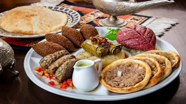 A platter of middle eastern food with kibbeh, stuffed grape leaves, and meat pies on a white plate