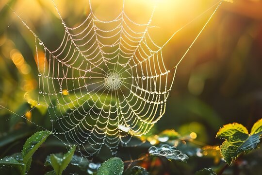 A spider's web draped with dew, the droplets shining like tiny jewels against the soft green leaves in the early morning 