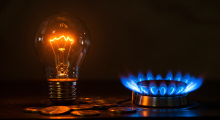 Energy Contrast Lit Bulb Gas Burner and Gold Coins on Dark Table Under Dim Illumination
