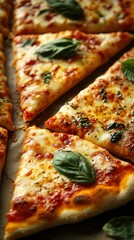 Freshly baked pizza slices topped with basil and melted cheese on a rustic wooden table
