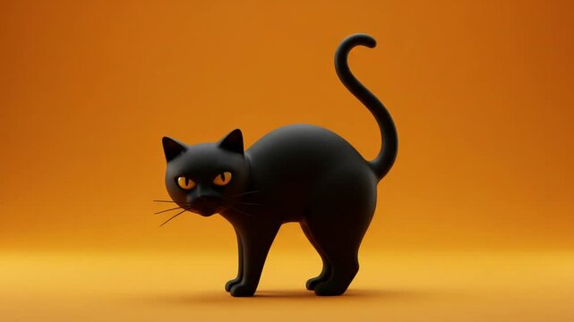 Stylized black cat render with arching back and raised tail on orange