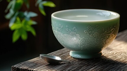 Green ceramic bowl with floral design