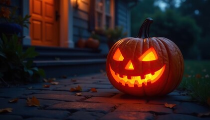 Classic carved jack-o-lantern on a porch, glowing at night , decoration, jack-o-lantern, pumpkin