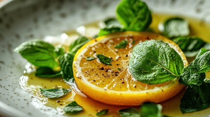 Fresh lemon slice with herbs