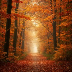 Autumn Forest Path with Golden Sunlight and Red Leaves