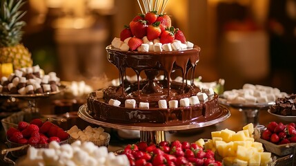 Two-tiered chocolate fountain cake with strawberries and marshmallows