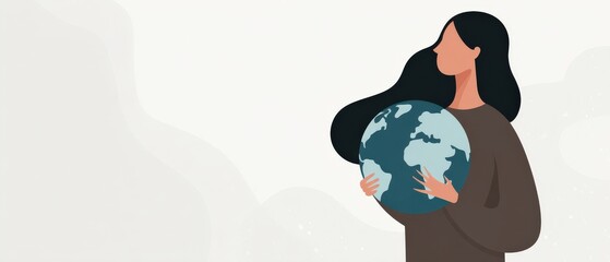 Brunette woman holding globe with care, symbolizing environmental awareness and sustainability Concept of global responsibility, conservation, and earth protection