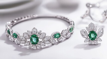 Elegant, intricate jewelry set with emeralds and diamonds.