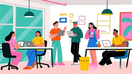 Young, Diverse Team Collaborating and Brainstorming in a Casual, Modern Office or Co-working Space with Laptops, 4k