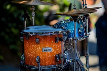 Obraz premium Close-up of professional drum kit with sparkling brown finish and cymbals in studio lighting
