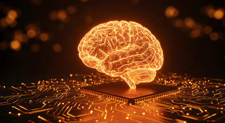 Glowing Orange Brain on Microchip Circuit Board Artificial Intelligence Concept