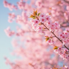 Pink Cherry Blossoms in Soft Focus Background