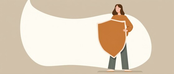 Young woman holding shield for protection and security with copy space Concept of insurance, safety, defense, and guarantee