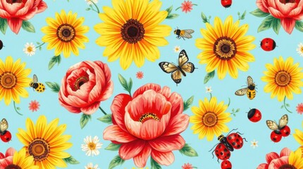 Vibrant Summer Floral Pattern with Insects