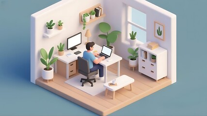 3D Isometric Render of a Minimalist Home Office with a Person Working on a Laptop Surrounded by Indoor Plants,4k