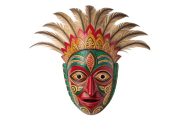 PNG Colorful traditional tribal mask with intricate patterns and feathers