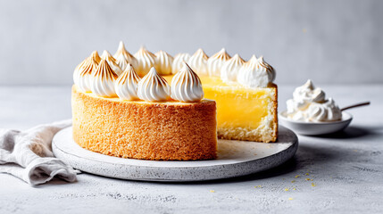 Lemon Cake with Whipped Cream on a Stone Grey Surface