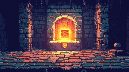 Retro pixel art dungeon with treasure chest glowing golden light underground
