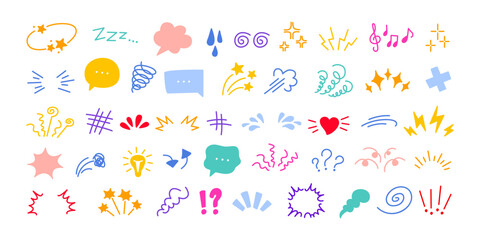 Expression icons. Comic emotion elements, hand drawn expressive symbols. Star, heart and sparks, speech bubbles, exclamation doodles for communication accent. Vector set