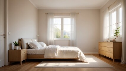 Modern Scandinavian Bedroom Interior with Soft Beige Tones and Natural Light