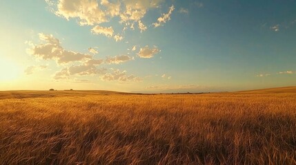 Obraz premium Golden wheat field stretching under a vibrant sky at sunset.