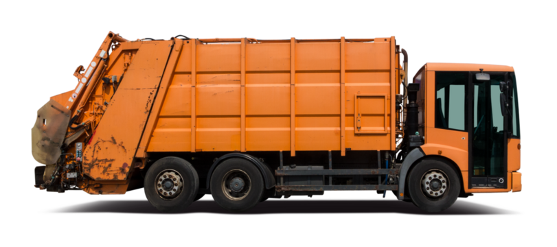 Garbage truck side view isolated on transparent background. PNG	