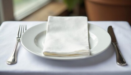 Elegant white tablecloth, glistening silverware, glassware, fine dining, place setting