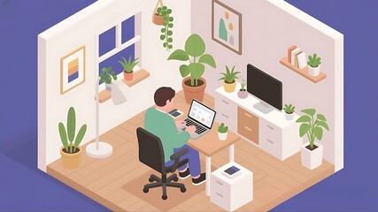 Isometric View of a Cozy Home Office with Man Working Remotely on a Laptop, Surrounded by Houseplants and Modern Furniture,4k