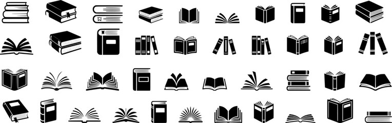 Black Silhouette Book icons Vector Set – Stacked Books, Open Book, Closed Book, Books on Shelf, Book Pages Icons – Minimalist Reading and Education Illustrations