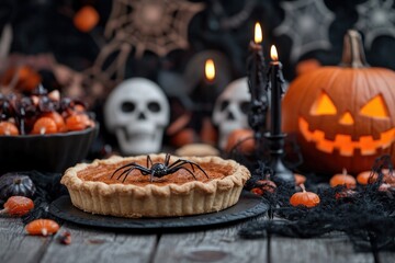 Halloween celebration still life featuring pie with spider pumpkins skulls and candles for festive decor