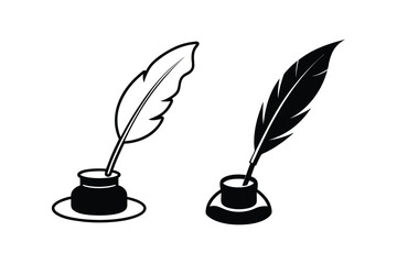 A set of a quill pen dipping into an inkwell silhouette vector art illustration