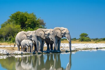 Fototapeta premium Group of African elephants walking towards camera at waterhole under blue sky with clouds in dry savannah