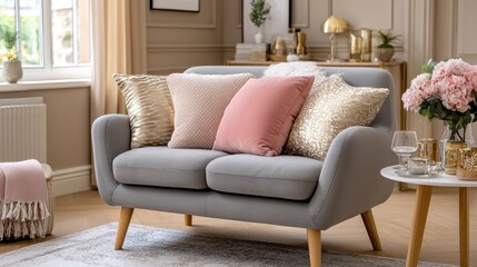 Fototapeta premium Cozy living area showcases a pink sofa with soft cushions, a vase with flowers, and a wooden table against beige walls