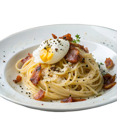 Spaghetti carbonara with crispy pancetta, egg and parmesan cheese on white