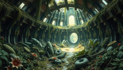 Overgrown Futuristic Dome: Nature reclaiming technology, serene decay, bright aperture