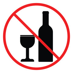 No alcohol sign, not allowed alcohol sign, red circle shaped illustration.