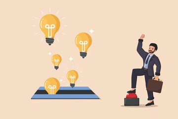 Stepping Stone to Success A Businessman Using a Button as a Step to Reach Floating Bright Ideas.