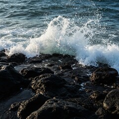 Fototapeta premium Ocean Waves Crashing on Dark Volcanic Rocks