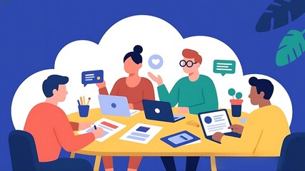 Creative Team Collaboration Meeting with Laptops and Documents Under a Symbolic Cloud Computing or Shared Data Concept,4k