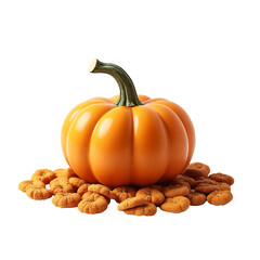 A large orange pumpkin sitting on top of a pile of dried fruits