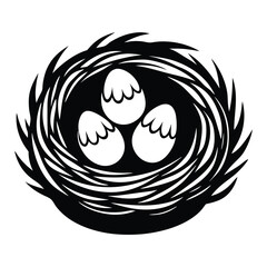 Nest with eggs silhouette isolated on a white background, Nesting season bird’s nest with eggs nature illustration