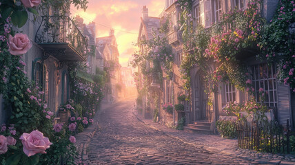 Fototapeta premium Enchanting street view: A picturesque cobblestone street in a quaint European town, bathed in soft, romantic light and adorned with blossoming flowers, creating an idyllic and whimsical atmosphere.