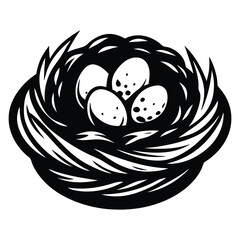 Nest with eggs silhouette isolated on a white background, Nesting season bird’s nest with eggs nature illustration