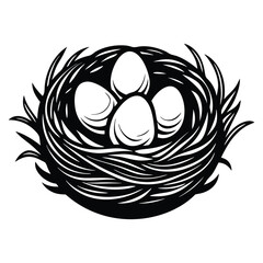 Nest with eggs silhouette isolated on a white background, Nesting season bird’s nest with eggs nature illustration