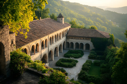 Historic monastery amidst lush green hills at sunset