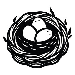 Nest with eggs silhouette isolated on a white background, Nesting season bird’s nest with eggs nature illustration