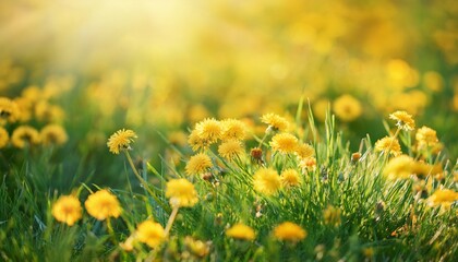 cute fluffy little yellow wildflowers in nature on a meadow on sunny spring or summer day soft selective focus