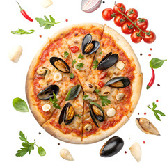 Seafood pizza with mussels, clams top view isolated on white background