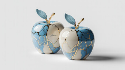 A product photo of two identical decorative ceramic apples against a pure white background.
