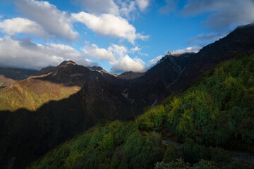 Early Morning Sunrise in the Himalayan Mountains with Cloud Shadows in Gosaikunda, Langtang, Nepal